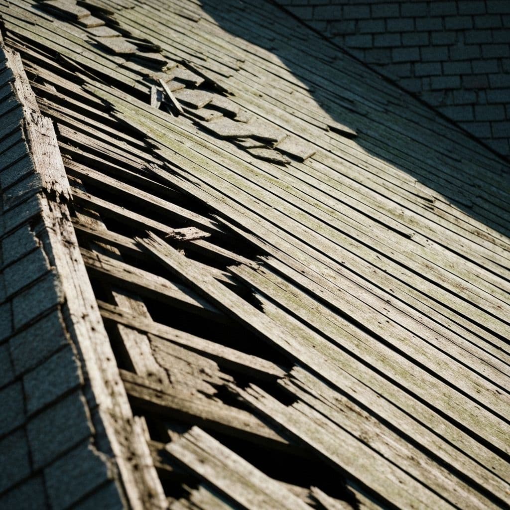 Before: Old damaged roof with missing shingles and exposed decking