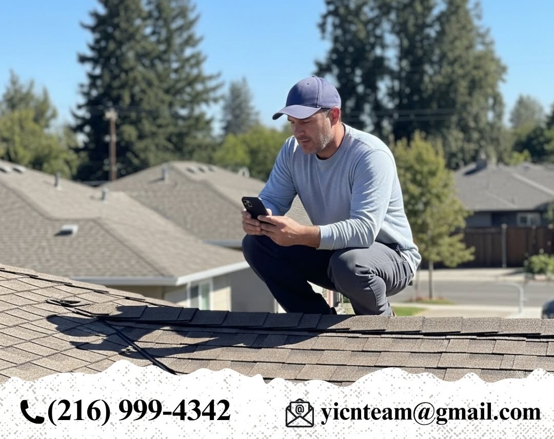 YICN roofing contractor professionally documenting roof conditions using smartphone for insurance claim support