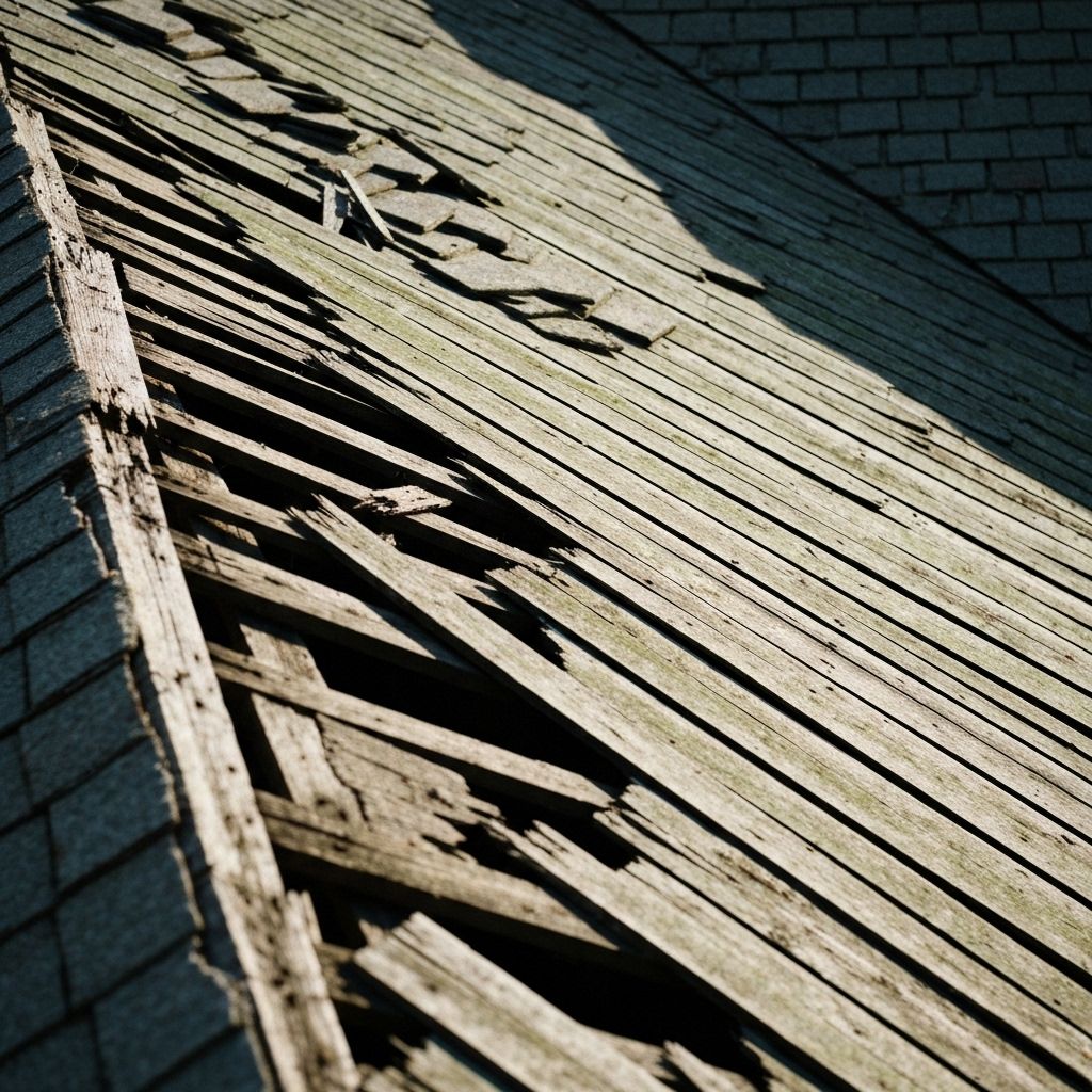 Before: Old damaged roof with missing shingles and exposed decking